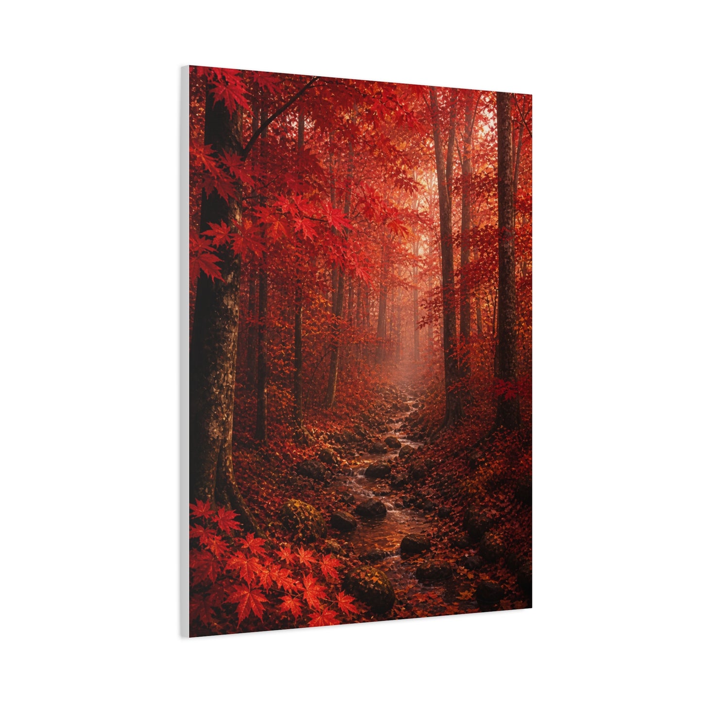 Crimson Autumn Forest Stream Wall Art & Canvas Print