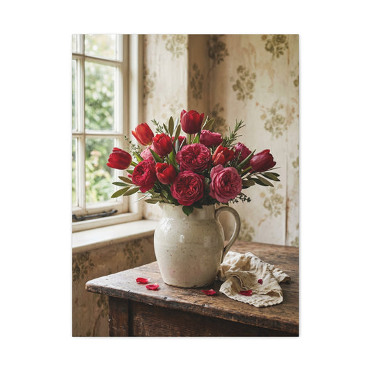 English Cottage Red Tulip Still Life Wall Art & Canvas Print