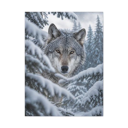 Snow-Covered Pine Wolf Close Portrait Wall Art & Canvas Print