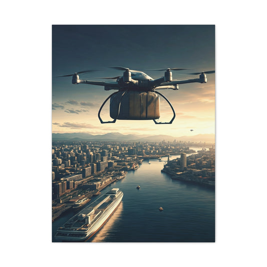 Futuristic Delivery Drone Over City Wall Art & Canvas Prints
