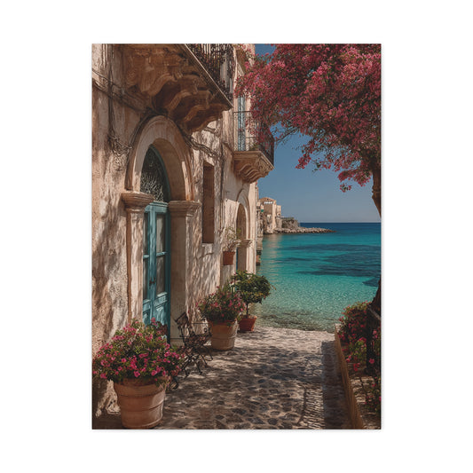 Sicilian Coastal Balcony Scene Wall Art & Canvas Print