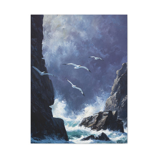 Seagulls Flying Above Crashing Coastal Waves Wall Art & Canvas Print