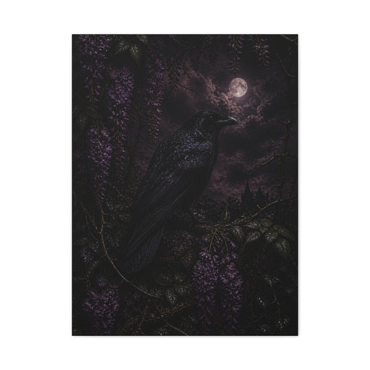 Raven in Wisteria Moonlit Scene Wall Art & Canvas Print