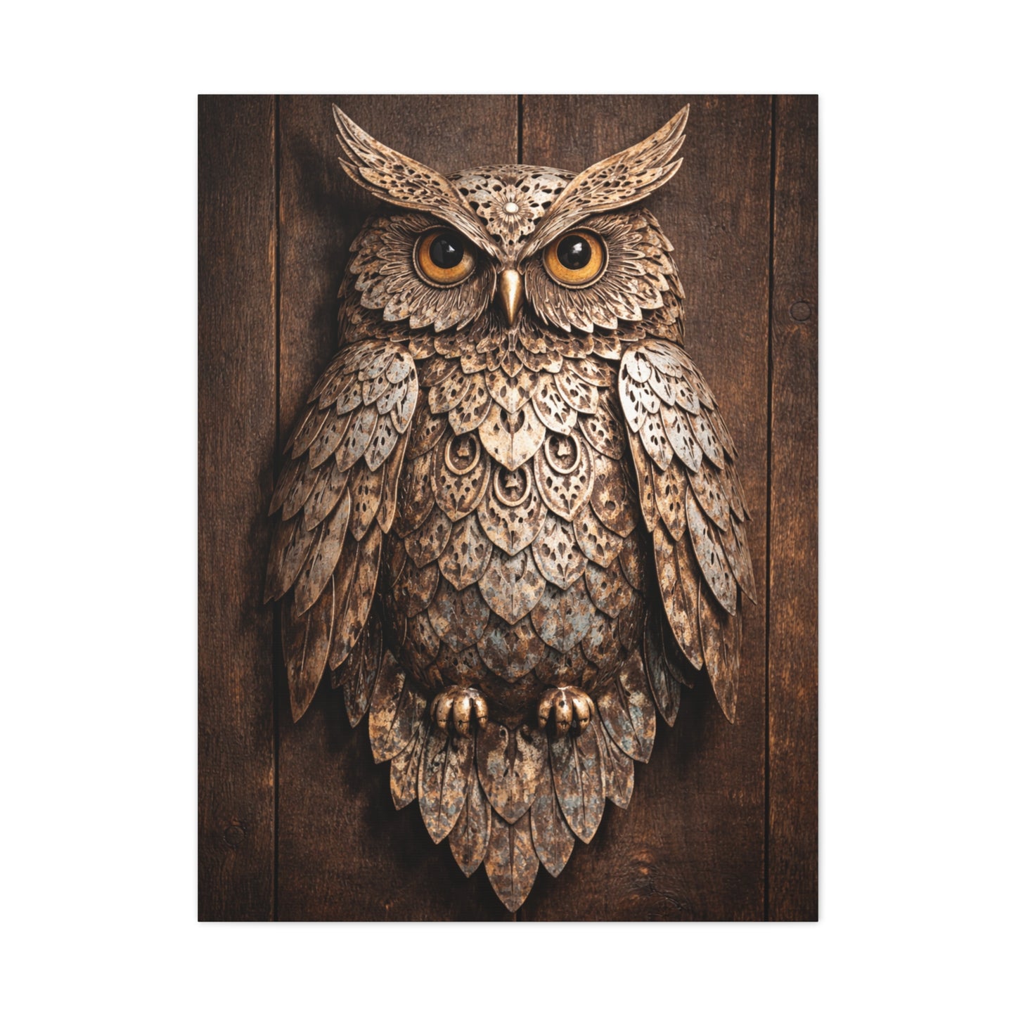 Rustic Metal Owl Sculpture Wall Art & Canvas Print