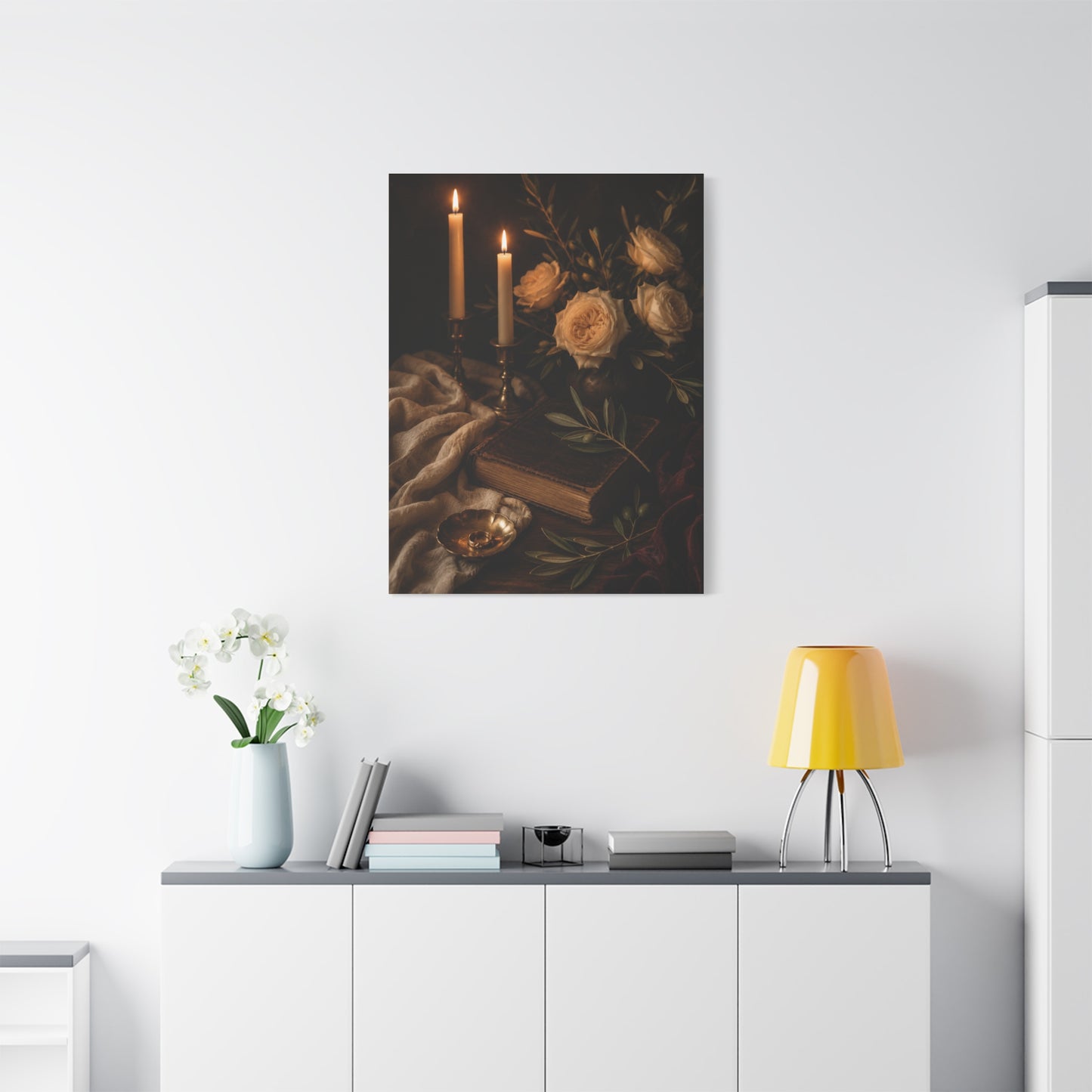 Romantic Candlelit Rose Still Life Wall Art & Canvas Print
