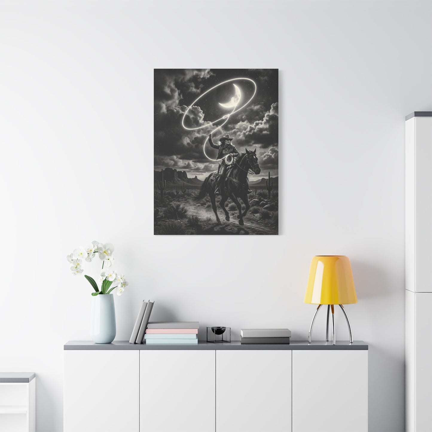 Moon Lasso Cowgirl Night Scene Wall Art & Canvas Print