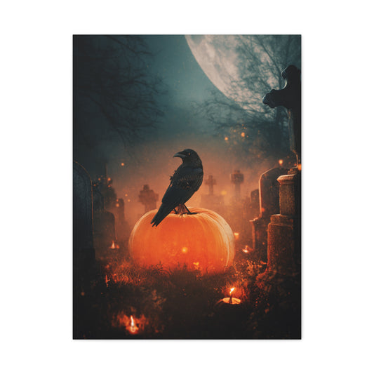 Crow on Pumpkin in Moonlit Graveyard Wall Art & Canvas Print