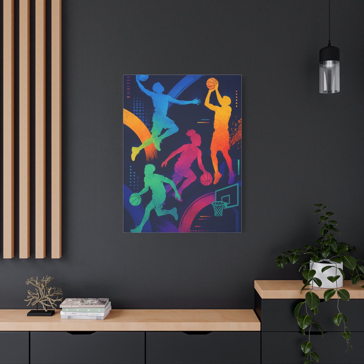 Rainbow Basketball Silhouette Sports Wall Art & Canvas Print
