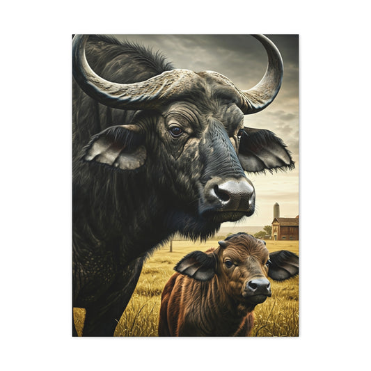 Cape Buffalo Herd Leader with Savannah Background Wall Art & Canvas Print