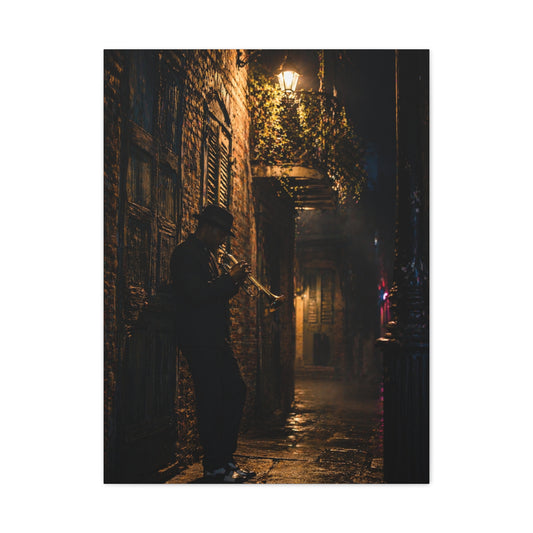 French Quarter Alley Trumpet Scene Wall Art & Canvas Print