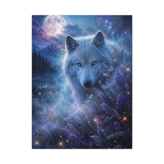 Moonlit White Wolf Portrait Wilderness Scene Wall Art & Canvas Print
