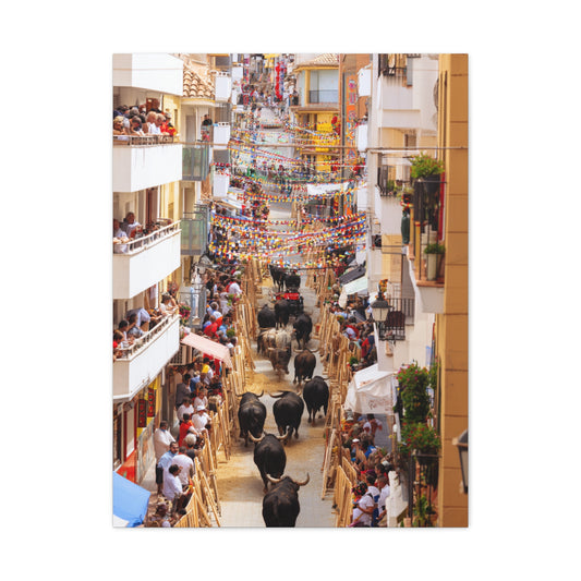 Spanish Village Bull Festival Street Scene Wall Art & Canvas Print