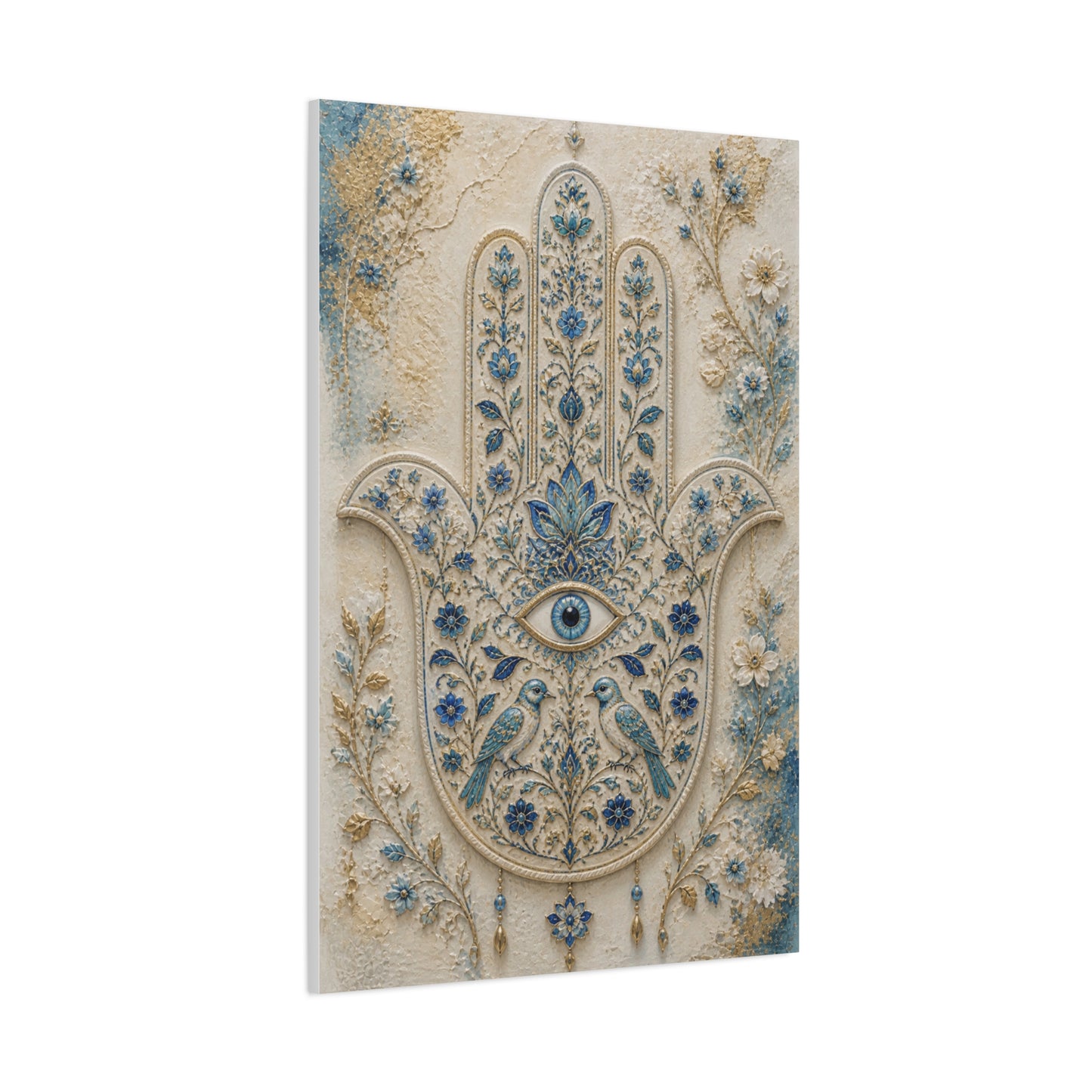 Blue Floral Hamsa Sacred Symbol Wall Art & Canvas Print