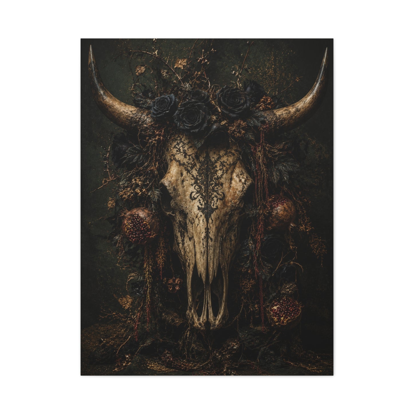 Dark Floral Longhorn Skull Statement Wall Art & Canvas Print