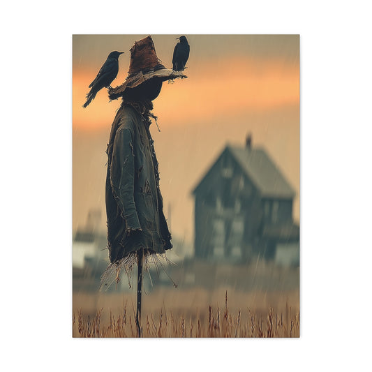 Old Scarecrow in Harvest Field with Crows Wall Art & Canvas Print