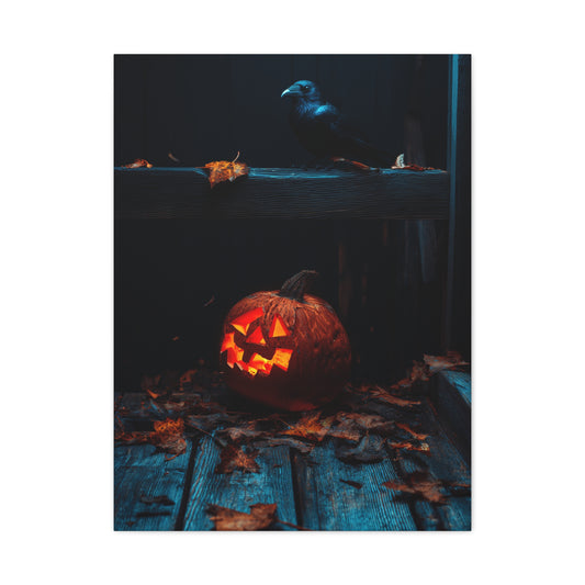 Jack-O’-Lantern and Crow on Moonlit Porch Wall Art & Canvas Print