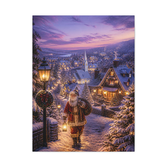 Snowy Village Santa Lantern Walk Wall Art & Canvas Print