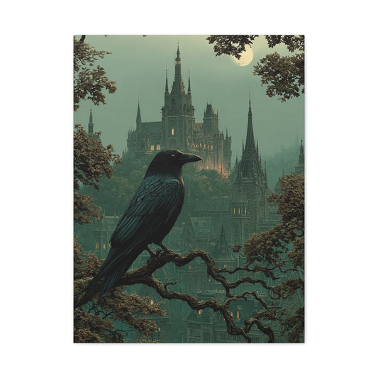Raven Before Gothic Castle Wall Art & Canvas Print