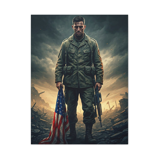 Soldier Standing With Flag of Courage Wall Art & Canvas Prints