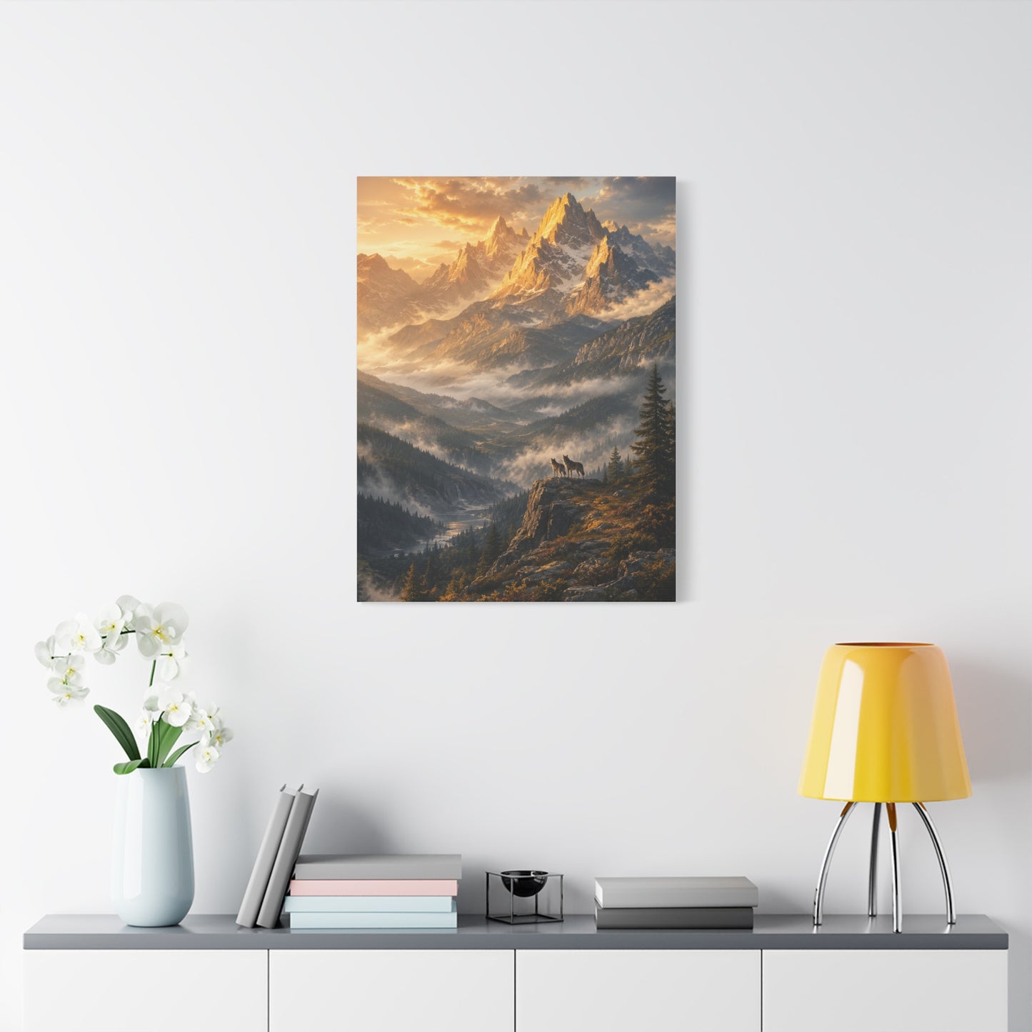 Golden Mountain Valley Wolf Pair Landscape Wall Art & Canvas Print