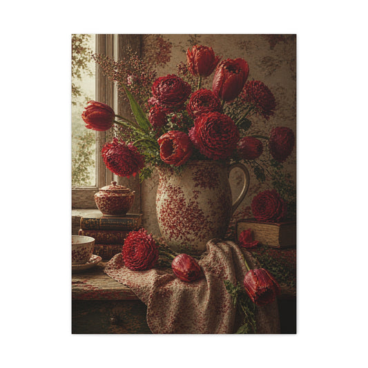 English Cottage Red Floral Still Life Wall Art & Canvas Print
