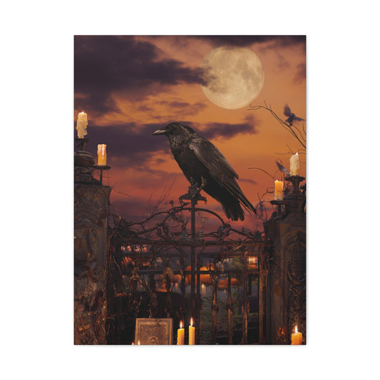 Raven on Moonlit Cemetery Gate Wall Art & Canvas Print