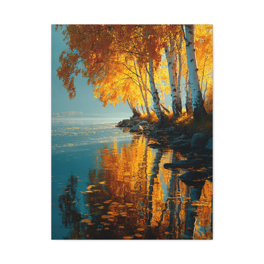 Golden Birch Autumn Lake Reflection Wall Art & Canvas Print
