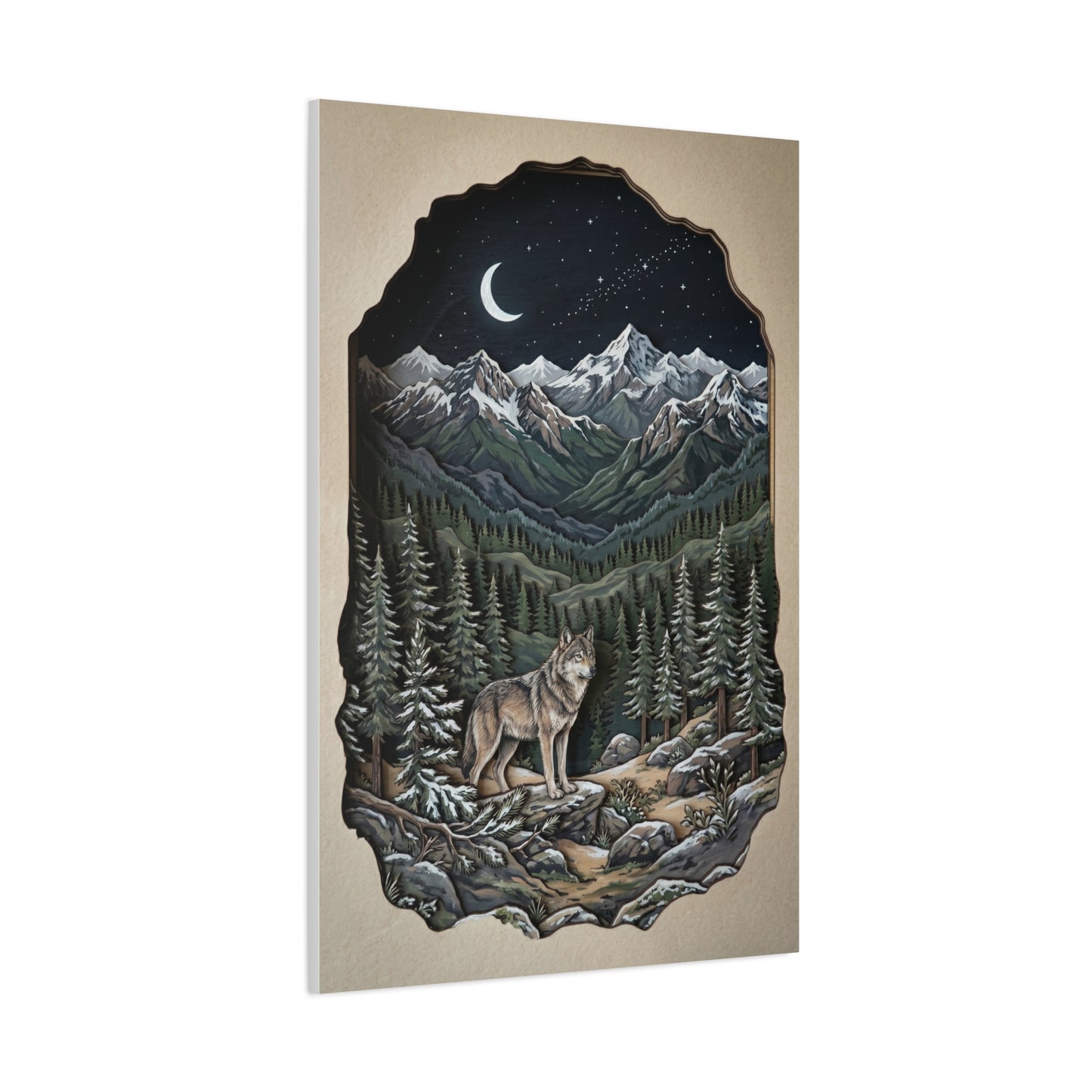 Night Forest Wolf Framed Relief Landscape Wall Art & Canvas Print