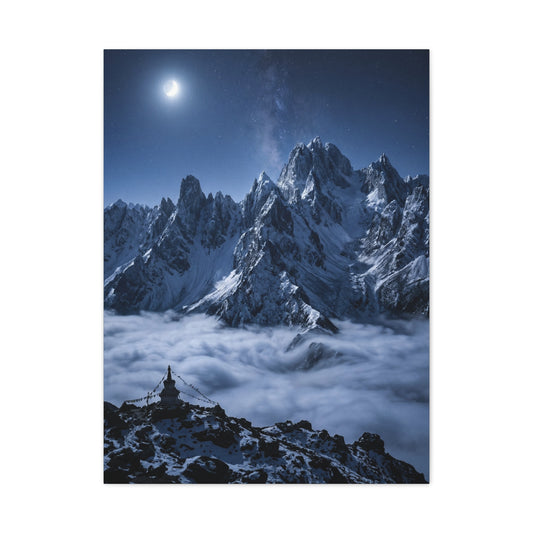 Moonlit Himalayan Peaks & Stupa Wall Art & Canvas Print