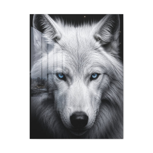 White Wolf Blue Eyes Monochrome Portrait Wall Art & Canvas Print