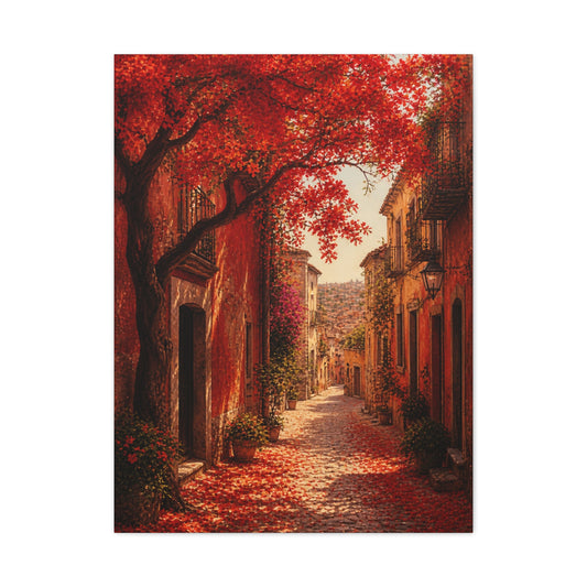 Autumn Red Blossom Street Scene Wall Art & Canvas Print