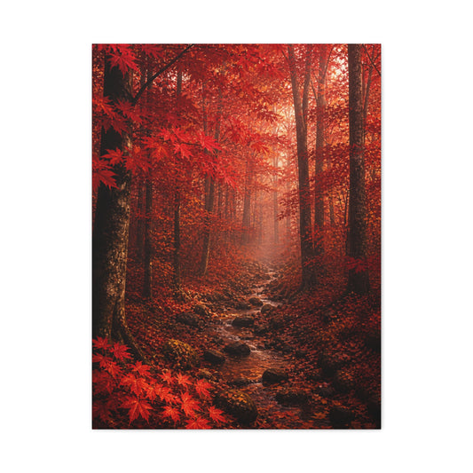 Crimson Autumn Forest Stream Wall Art & Canvas Print
