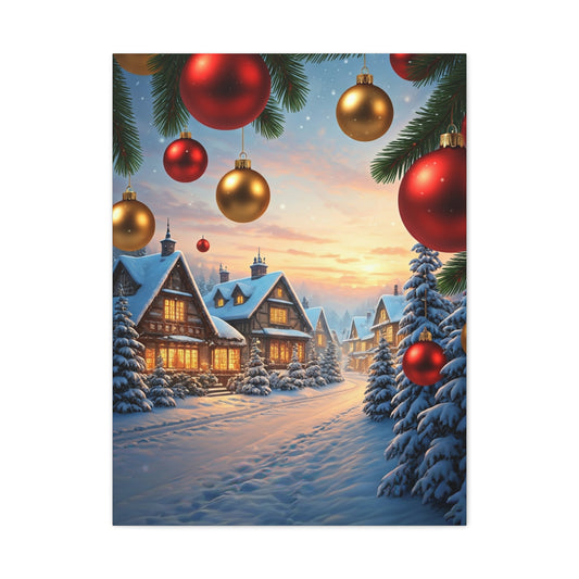 Snowy Christmas Village With Festive Ornaments Wall Art & Canvas Print