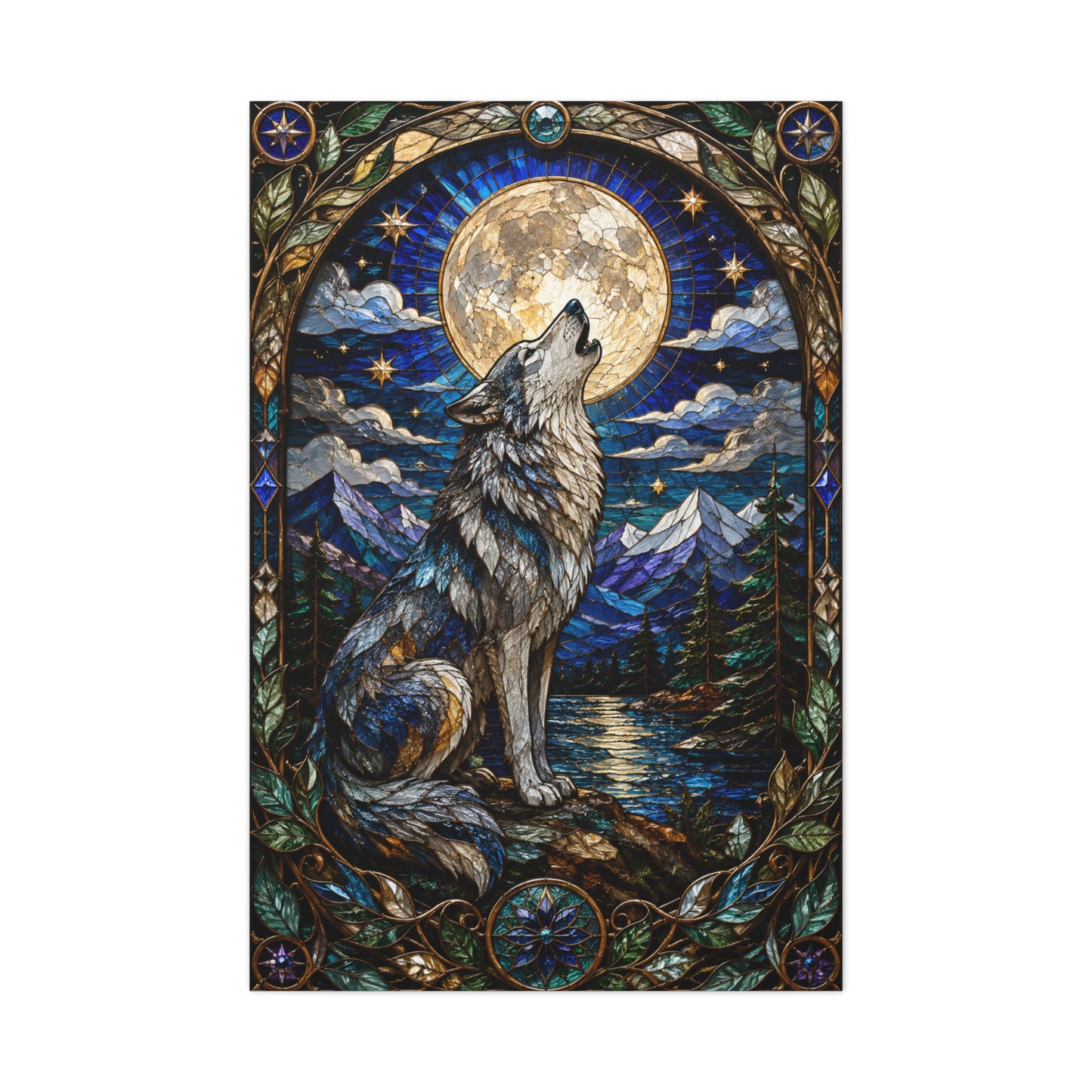 Stained Glass Moonlit Wolf Landscape Wall Art & Canvas Print