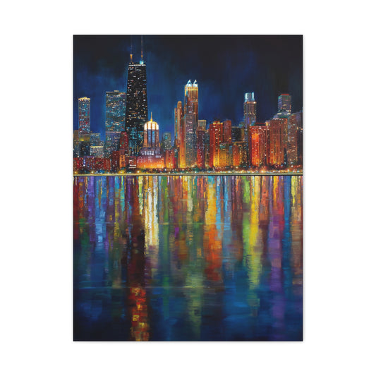 Chicago Skyline Night Reflections Wall Art & Canvas Print