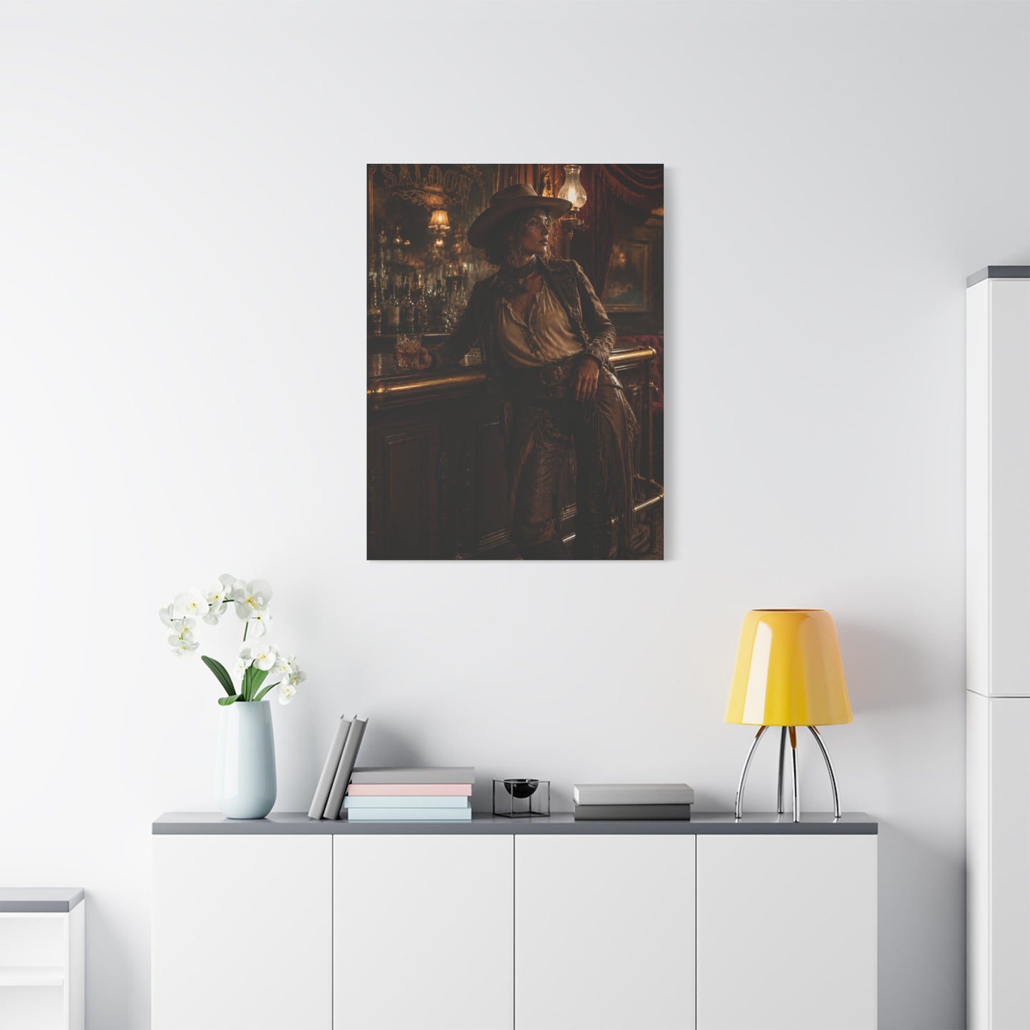 Saloon Cowgirl Cinematic Bar Scene Wall Art & Canvas Print