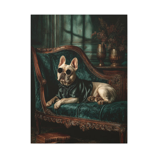 French Bulldog on Emerald Velvet Chaise Wall Art & Canvas Print