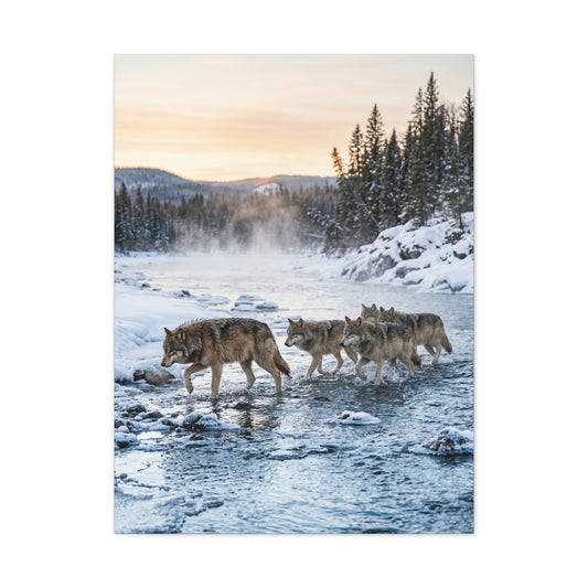 Winter River Wolf Pack Crossing Scene Wall Art & Canvas Print